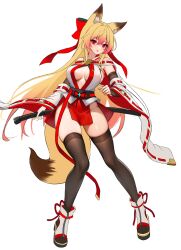  absurdres animal_ears arm_warmers armpit_crease artist_request bare_shoulders blonde_hair bow breasts brown_thighhighs center_opening check_artist cleavage commentary_request commission detached_collar detached_sleeves female fox_ears fox_girl fox_tail full_body gradient_hair hairbow highres holding holding_sword holding_weapon japanese_clothes karyln katana korean_commentary large_breasts long_hair looking_at_viewer miniskirt multicolored_hair no_bra no_panties nontraditional_miko obi open_mouth original pelvic_curtain red_eyes red_skirt revealing_clothes ribbon-trimmed_sleeves ribbon_trim sash second-party_source shirt shoes simple_background skindentation skirt sleeveless sleeveless_shirt solo standing sword tail thighhighs thighs toeless_footwear very_long_hair weapon white_background white_footwear white_shirt wide_sleeves 