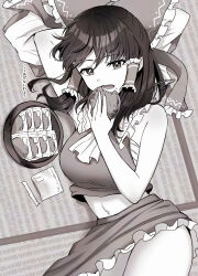  artist_name ascot bow breasts chest_sarashi commentary_request eating female food food_on_face frilled_bow frilled_hair_tubes frills greyscale hair_tubes hairbow hakurei_reimu head_on_arm highres large_breasts long_hair lying midriff mio1030 monochrome navel on_side open_mouth sarashi senbei signature skirt solo tatami touhou translation_request tray 