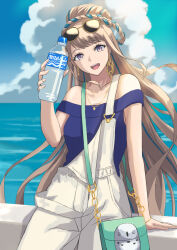  bag bare_shoulders blue_hair blue_shirt blue_sky bottle braid braided_hair_rings breasts cloud earrings eyewear_on_head fate/grand_order fate_(series) female grey_hair hair_rings handbag highres jewelry ksfactory long_hair looking_at_viewer medium_breasts mismatched_earrings multicolored_hair ocean off-shoulder_shirt off_shoulder open_mouth overalls pendant pope_joan_(event_portrait)_(fate) pope_joan_(fate) purple_eyes shirt short_sleeves shoulder_bag sky smile solo sunglasses suspenders two-tone_hair water_bottle white_overalls 