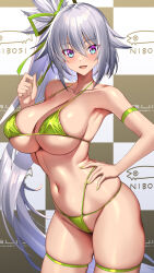  arm_strap bare_shoulders bikini breasts collarbone commentary_request female fingernails green_bikini green_nails grey_hair hair_between_eyes hand_on_own_hip highres large_breasts long_hair looking_at_viewer nail_polish navel open_mouth original side_ponytail smile solo stomach swimsuit takamine_nadare thick_thighs thighs 