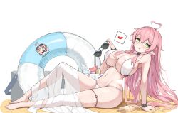  :p absurdres ahoge barefoot bikini bottle breasts can cleavage elf female full_body green_eyes hair_between_eyes heart heart_ahoge highres holding holding_removed_eyewear innertube large_breasts long_hair looking_at_viewer original pink_hair pointy_ears purerin sidelocks simple_background sitting skindentation spoken_heart sunglasses swim_ring swimsuit thigh_strap tongue tongue_out unworn_eyewear very_long_hair water_bottle white_background white_bikini 