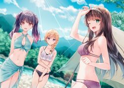  3girls ;d aqua_sarong arms_behind_back ayase_saki bikini black_bikini blonde_hair braid breasts brown_hair cleavage cleavage_cutout closed_mouth clothing_cutout collarbone commentary_request criss-cross_halter dutch_angle gimai_seikatsu green_eyes hairband halterneck hiten_(hitenkei) kozono_erina layered_bikini light_rays long_hair looking_at_viewer medium_breasts mountain multiple_girls navel official_art one_eye_closed outdoors purple_bikini purple_eyes purple_hair red_eyes sarong second-party_source sideboob single_braid smile stomach swimsuit twintails white_hairband yomiuri_shiori 