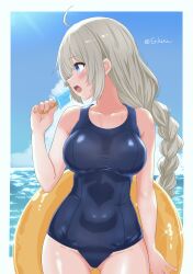  ahoge ass_visible_through_thighs bare_arms bare_shoulders blue_eyes blue_one-piece_swimsuit blue_sky braid breasts cloud collarbone commentary_request cowboy_shot day female food groin hair_between_eyes highres holding holding_food horizon innertube kizuna_akari large_breasts long_hair looking_to_the_side ocean old_school_swimsuit one-piece_swimsuit poke_kuu popsicle school_swimsuit sidelocks sky solo standing swim_ring swimsuit twitter_username very_long_hair voiceroid water 