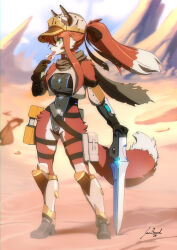  anthro arm_tuft armor belt breasts canid canine clothing desert dipstick_tail eyelashes female food fox fur gloves green_eyes gun hair handwear hat headgear headwear hi_res hip_tuft inner_ear_fluff jecbrush kemono leotard mammal markings nora_leslie outside ponytail pouches ranged_weapon red_body red_fur red_hair scarf shoulder_tuft snack solo standing tail tail_markings tuft weapon white_body white_fur 