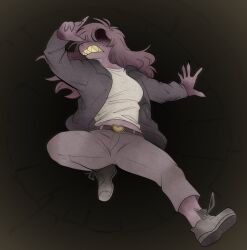  2024 5_fingers anthro belt belt_buckle bottomwear breasts brown_hair buckle clothed clothed_anthro clothed_female clothing deltarune digital_drawing_(artwork) digital_media_(artwork) dinosaur falling female female_anthro fingers footwear freckled_face freckles full-length_portrait hair hair_over_eyes jacket long_hair monster non-mammal_breasts pants portrait prehistoric_species purple_body purple_face purple_scales purple_skin reptile scales scalie sharp_teeth shirt shoes snoozysoozyy solo susie_(deltarune) teeth topwear undertale_(series) white_clothing white_shirt white_topwear 