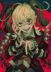  antenna_hair blonde_hair braid collared_shirt female fingerless_gloves fingernails from_above gloves green_hair grey_gloves hair_between_eyes hair_ornament hand_on_own_cheek hand_on_own_face hands_up highres jacket knee_up kuroume_(aihikarikuroume24) long_hair long_sleeves multicolored_hair open_mouth original red_background red_jacket red_pupils shirt sidelocks simple_background single_glove sitting smile smiley_hair_ornament solo teeth tongue twin_braids two-tone_hair uneven_eyes very_long_hair wide-eyed 