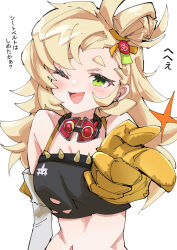  ;d bare_shoulders black_shirt blonde_hair breasts choker commentary_request crop_top detached_sleeves earrings female gloves goggles goggles_around_neck green_eyes hair_bun hair_ornament jewelry long_hair looking_at_viewer nodachi_(artist) one_eye_closed open_mouth piper_wheel pointing pointing_at_viewer pointing_forward red_choker shirt simple_background small_breasts smile solo sparkle stomach torn_clothes torn_shirt translation_request upper_body white_background white_sleeves yellow_gloves zenless_zone_zero 