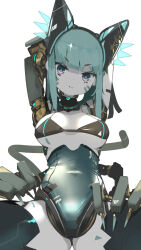  animal_ears aqua_eyes aqua_hair arms_up bikini bikini_top_only breasts cameltoe cat_ears cat_tail claws colored_skin crotch dot_nose extra_arms facial_mark female floating_headgear from_below headgear highres hime_cut joints looking_at_viewer mark_under_eye mechanical_arms medium_breasts nanatsuki_sousuke robot_girl robot_joints spread_legs swimsuit tail thighhighs underboob underbust whisker_markings white_background white_skin 