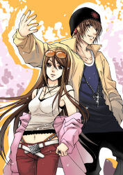  1boy arm_up beanie belt black_hat black_pants blue_shirt brown_eyes brown_hair brown_jacket commentary cross cross_necklace drop_shadow eguana english_commentary eyewear_on_head female grin hand_in_pocket hat height_difference jacket jewelry long_hair looking_to_the_side midriff_peek navel necklace off_shoulder open_belt open_clothes open_jacket original pants parted_lips pendant pink_jacket red_pants ring shirt smile sunglasses tank_top upper_body very_long_hair whale_tail_(clothing) white_tank_top 