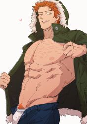  1boy abs absurdres arm_hair arms_up bara blue_pants bulge chest_hair collared_jacket commentary cowboy_shot english_commentary fire_emblem fire_emblem:_three_houses fur-trimmed_hood fur-trimmed_jacket fur_trim green_jacket groin heart highres hood hooded_jacket jacket looking_down male_focus male_pubic_hair male_underwear navel one_eye_closed open_mouth open_pants orange_hair pants pectorals pubic_hair satodee short_hair simple_background smile solo sylvain_jose_gautier teeth tongue underwear unzipped upper_teeth_only wavy_hair white_background white_fur white_male_underwear yellow_eyes 