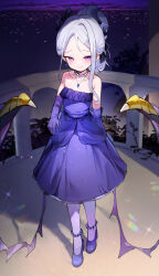  absurdres bare_shoulders bead_necklace beads black_horns blue_archive blue_dress cloud collarbone dress elbow_gloves evening_gown female full_body gloves highres hina_(blue_archive) hina_(dress)_(blue_archive) horns jewelry looking_at_viewer low_wings medium_hair necklace official_alternate_costume outdoors purple_gloves purple_wings solo somray standing white_hair wings 