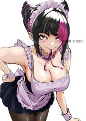  apron bending black_hair breasts cleavage female hair_over_one_eye hand_on_own_hip highres juri_han looking_at_viewer maid mouth_hold multicolored_eyes pantyhose ribbon ribbon_in_mouth satopuu short_hair signature street_fighter street_fighter_6 twintails white_apron 