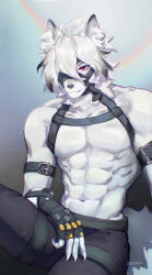  1boy abs animal_ears artist_name bara black_gloves black_pants chest_harness claws english_commentary eyepatch fingerless_gloves furry furry_male gloves hair_over_one_eye harness highres looking_at_viewer male_focus muscular muscular_male one_eye_covered pants pectorals red_eyes tail topless_male von_lycaon wolf_boy wolf_ears wolf_tail zeevaff zenless_zone_zero 