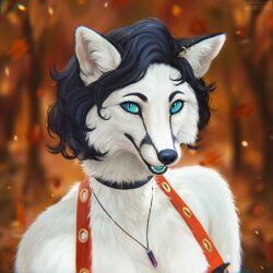  anthro black_hair blue_eyes canid canine ear_piercing female fox hair hi_res jewelry lostgoose mammal open_mouth outside pendant piercing plant solo tree 