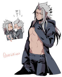  2boys abs ansem_seeker_of_darkness black_coat black_coat_(kingdom_hearts) black_gloves black_pants chibi chibi_inset closed_eyes clothes_lift coat commentary_request cropped_legs dark-skinned_male dark_skin dressing_another expressionless furrowed_brow gloves grey_hair hair_slicked_back hood hood_down jitome kingdom_hearts kingdom_hearts_ii long_coat long_hair long_sleeves looking_at_viewer male_focus multiple_boys navel nukaduke000 orange_eyes pants parted_bangs pectorals sidelocks simple_background spiked_hair sweatdrop toned toned_male twitter_username unzipped upper_body white_background xemnas 