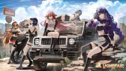  5girls ahoge animal_ears backless_outfit bare_arms bare_back bare_shoulders baseball_cap beret black_footwear black_gloves black_hat black_shorts blue_hair blue_sky boots cloud commentary crop_top day elbow_gloves eula_(genshin_impact) fingerless_gloves fox_ears genshin_impact gloves grey_shirt hat highres kuga_huna mavuika_(genshin_impact) midriff miniskirt motor_vehicle multiple_girls navel official_art orange_hair pink_hair purple_eyes purple_hair raiden_shogun red_skirt shirt short_shorts shorts sitting skirt sky sleeveless sleeveless_shirt sunglasses thigh_strap yae_miko yelan_(genshin_impact) 