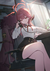  absurdres aru_(blue_archive) bare_legs black_skirt blue_archive blush breasts clothes_on_chair coat commentary crossed_legs demon_horns feet_out_of_frame female fur-trimmed_coat fur_trim gun halo highres holding holding_pen holding_phone horns indoors large_breasts looking_at_viewer miniskirt neck_ribbon okkimon on_chair pen phone pink_hair ribbon rifle shirt shirt_tucked_in sitting skirt smile sniper_rifle solo sunlight weapon white_shirt window_blinds 