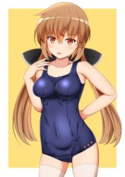  bell_shireikan black_bow blue_one-piece_swimsuit blush bow breasts brown_eyes brown_hair collarbone female hair_between_eyes hair_ornament hairbow hairclip highres kantai_collection long_hair looking_at_viewer low_twintails old_school_swimsuit one-piece_swimsuit school_swimsuit small_breasts smile solo swimsuit tashkent_(kancolle) thighhighs twintails white_background white_thighhighs yellow_background 