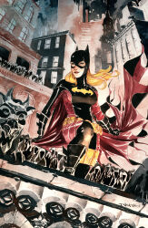  absurdres artist_name batgirl batgirl_costume_(2009) batman_(series) batman_symbol belt blonde_hair blue_eyes bodysuit breasts building cape comic_cover dc_comics dustin_nguyen female gargoyle highres long_hair looking_at_viewer mask medium_breasts official_art outdoors painting_(medium) pouch signature solo stephanie_brown superhero_costume textless_version thigh_pouch traditional_media utility_belt watercolor_(medium) window 