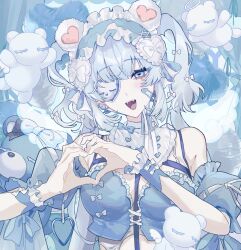  :d aegyo_sal angel_wings animal_ear_hairband animal_ears aqua_hairband balloon bandaid bandaid_on_cheek bandaid_on_face bare_shoulders bear_ear_hairband bear_ears blue_eyes blue_hair blue_theme blue_wrist_cuffs bow breasts cross-laced_clothes cross-laced_hairband cross-laced_headwear detached_sleeves eyepatch fake_animal_ears fangs female frilled_hairband frilled_sleeves frilled_wrist_cuffs frills hairband hairbow hands_up head_tilt heart heart_balloon heart_hands highres kuroume_(aihikarikuroume24) light_blue_hair long_hair looking_at_viewer open_mouth original puffy_short_sleeves puffy_sleeves short_sleeves smile solo stuffed_animal stuffed_toy teddy_bear teeth tongue two_side_up upper_body upper_teeth_only white_bow white_wings wings wrist_cuffs 