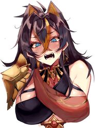  animal_ears armor bare_shoulders black_hair blue_eyes blush breasts criss-cross_halter dehya_(genshin_impact) earrings fake_animal_ears fangs female flustered genshin_impact hair_between_eyes halterneck jewelry large_breasts looking_at_viewer open_mouth shoulder_armor simple_background slit_pupils sweatdrop takena-c teeth upper_body white_background 