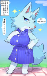  absurd_res animal_crossing anthro anthrofied big_breasts blue_body blue_eyes blue_fur breasts canid canine canis clothed clothing countershading day dialogue digital_media_(artwork) dress female fur hi_res huge_breasts japanese_text looking_at_viewer mammal nintendo outside shaded solo speech_bubble standing sususuigi text translation_check translation_request whitney_(animal_crossing) wolf 