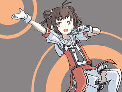  antenna_hair black_neckerchief brown_eyes brown_hair buttons commentary cowboy_shot double-breasted double_bun english_commentary female gloves grey_background hair_bun idol kantai_collection microphone music naka_(kancolle) naka_kai_ni_(kancolle) neckerchief one-hour_drawing_challenge pleated_skirt puffy_short_sleeves puffy_sleeves sailor_collar school_uniform serafuku short_hair short_ponytail short_sleeves singing sixten skirt solo thighhighs two-tone_background white_gloves white_sailor_collar white_skirt 