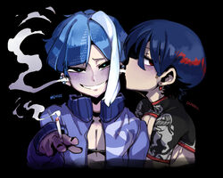  2boys bad_id bad_pixiv_id black_background blowing_in_ear blowing_smoke blue_eyes blue_hair blush cigarette doppel_(bonnypir) dunhill earrings grin highres jewelry looking_at_viewer male_focus mevius multicolored_hair multiple_boys personification red_eyes red_hair smile streaked_hair white_hair 