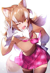  animal_ears blush brown_hair brown_sweater brown_thighhighs commentary_request cowboy_shot female fur_collar gloves hasumikaoru japanese_wolf_(kemono_friends) kemono_friends kemono_friends_3 long_hair long_sleeves multicolored_hair neckerchief oerba_yun_fang one_eye_closed open_mouth plaid_neckerchief pleated_skirt purple_neckerchief purple_skirt sailor_collar school_uniform serafuku skirt solo sweater tail thighhighs white_fur white_gloves white_hair wolf_ears wolf_girl wolf_tail yellow_eyes zettai_ryouiki 