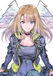  black_bodysuit black_choker black_jacket blue_eyes bodysuit breast_tattoo breasts choker cleavage eunie_(xenoblade) female head_wings highres hood jacket large_breasts long_hair long_sleeves looking_at_viewer open_clothes open_jacket solo tattoo ug333333 white_wings wings xenoblade_chronicles_(series) xenoblade_chronicles_3 