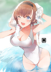  absurdres bad_id bad_pixiv_id blue_eyes blush breasts brown_hair cleavage collarbone covered_navel drying drying_hair female fujiyama_ichiha hair_ornament headband highres kantai_collection large_breasts looking_at_viewer one-piece_swimsuit one_eye_closed open_mouth propeller_hair_ornament solo swimsuit teruzuki_(kancolle) towel twintails white_one-piece_swimsuit 