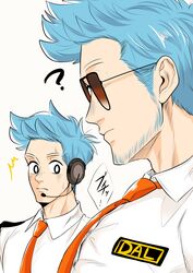  2boys ? absurdres animal_crossing beard blue_hair blush collared_shirt commentary_request dress_shirt facial_hair from_side girl_staring_at_guy&#039;s_chest_(meme) headset highres humanization koge_gohan looking_at_another male_focus meme multiple_boys muscle_envy muscular muscular_male necktie orange_necktie orville_(animal_crossing) pectoral_focus pectorals protected_link shirt short_hair sunglasses three_quarter_view translated upper_body white_shirt wilbur_(animal_crossing) 