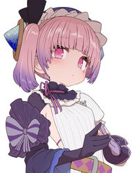  atelier_(series) atelier_lydie_&amp;_suelle blunt_bangs blush breasts elbow_gloves female frilled_shirt_collar frills gloves looking_at_viewer lydie_marlen medium_hair pink_eyes pink_hair purple_hair side_ponytail small_breasts solo steepled_fingers sumiyao_(amam) upper_body white_background 