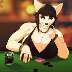  1:1 2020 5_fingers anthro arctic_fox big_breasts black_hair breasts canid canine card cleavage clothed clothing female fingers fox galacticmichi hair huge_breasts mammal poker_chip pyra_emporos solo text true_fox url yellow_eyes 