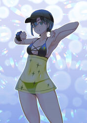  armpits baseball_cap bikini black_bikini black_eyes black_hair covered_navel female fujisawa_takashi grin hat highres original ponytail scrunchie see-through see-through_skirt short_hair skirt smile solo swimsuit thumbs_down wrist_scrunchie 