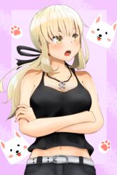  absurdres artoria_pendragon_(fate) bad_id bad_pixiv_id bare_arms bare_shoulders belt black_pants black_ribbon black_shirt blonde_hair blush breasts cavall_the_2nd cleavage collarbone fate/grand_order fate_(series) female hair_ribbon highres large_breasts long_hair looking_at_viewer official_alternate_costume open_mouth pants ribbon saber_alter saber_alter_(ver._shinjuku_1999)_(fate) samoyed_(dog) shirt solo white_belt yellow_eyes yu_(oekakikaki) 