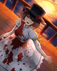  :d absurdres aqua_eyes backlighting bao_(s_888) black_hat black_ribbon blood blood_on_clothes blood_on_face blood_on_hands blood_splatter braid breasts brown_hair charlotte_corday_(fate) charlotte_corday_(third_ascension)_(fate) collared_dress commentary_request crying crying_with_eyes_open dress dutch_angle fate/grand_order fate_(series) female flower from_above hand_up hat hat_flower highres holding holding_knife holding_weapon horizon juliet_sleeves knife large_breasts long_dress long_sleeves ocean open_mouth outstretched_hand puffy_sleeves red_flower red_rose ribbon rose sad_smile smile solo sunset tears top_hat weapon white_dress 