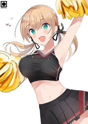  absurdres aqua_eyes arm_up bad_id bad_pixiv_id black_skirt blonde_hair blush breasts cheering cheerleader female fujiyama_ichiha hair_between_eyes heart highres kantai_collection large_breasts long_hair low_twintails no_headwear open_mouth pleated_skirt pom_pom_(cheerleading) prinz_eugen_(kancolle) skirt smile solo twintails twitter_username 