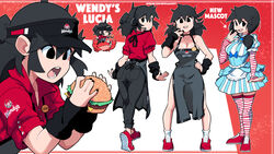  apron black_apron black_eyes black_hair black_nails blue_dress breasts burger cheese cleavage collared_shirt commentary cosplay crab dress english_commentary female food hand_up highres lettuce long_hair lucia_(scott_malin) medium_breasts multiple_views naked_apron narrow_waist open_mouth original red_footwear red_shirt scott_malin shirt shoes smile striped_clothes striped_dress striped_thighhighs thighhighs twintails wendy&#039;s wendy_(wendy&#039;s) wendy_(wendy&#039;s)_(cosplay) 