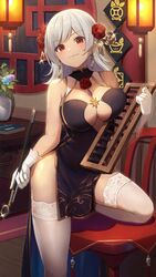  abacus bare_arms bare_shoulders black_dress breasts center_opening chair china_dress chinese_clothes cleavage dress earrings female flower girl_cafe_gun gloves gold_trim hair_flower hair_ornament highres holding indoors jewelry kiseru lantern large_breasts lattice lida_romero long_hair looking_at_viewer official_art pelvic_curtain red_eyes rose sleeveless sleeveless_dress smile smoking_pipe solo super_zombie thighhighs thighs variant_set white_gloves white_hair white_thighhighs 