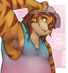  ambiguous_gender anthro armpit_fetish armpit_hair armpit_play armpit_sniffing armpit_tuft blush bodily_fluids body_hair brown_hair cheek_marks clothed clothing countershading curled_hair digital_media_(artwork) english_text felid fur gabe_(mytigertail) hair hat headgear headwear long_hair looking_at_viewer male mammal markings musk mytigertail nipples overweight overweight_anthro overweight_male pantherine shirt simple_background slightly_chubby sniffing solo striped_markings stripes sweat text tiger topwear 