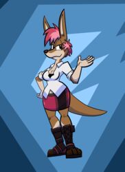  absurd_res anthro boots bottomwear breasts brown_body brown_fur cleavage clothed clothing female footwear fur furgonomics hair hi_res kangaroo kangaroo_girl macropod mammal marsupial pembrokewkorgi pink_hair skirt solo sydney tail tail_through_skirt 