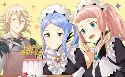  1boy 2girls absurdres armor birthday birthday_cake black_dress blonde_hair blue_eyes blue_hair breasts bridal_gauntlets brooch cake candy center_frills closed_eyes closed_mouth commentary commission corrin_(fire_emblem) corrin_(male)_(fire_emblem) dress english_commentary felicia_(fire_emblem) fire_emblem fire_emblem_fates flora_(fire_emblem) food frills grey_eyes hair_between_eyes happy_birthday highres holding igni_tion jewelry maid maid_headdress medium_breasts multiple_girls open_mouth pink_hair pointy_ears ponytail siblings sisters smile twins twintails upper_body yellow_background 