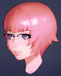  blunt_bangs close-up commentary_request ezaki_purin female ghost_in_the_shell ghost_in_the_shell:_sac_2045 glasses highres ilya_kuvshinov lips pink_hair portrait purple_eyes semi-rimless_eyewear short_hair solo 