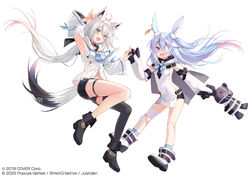  2girls ahoge animal_ear_fluff animal_ears arm_up armpits bandage_over_one_eye black_bow black_footwear black_shorts black_thighhighs blue_hair blue_neckerchief blush bow braid commentary_request copyright_name detached_sleeves doll elbow_gloves fox_ears fox_girl fox_shadow_puppet fox_tail fukahire_(ruinon) gloves gradient_hair green_eyes hair_between_eyes hairbow holding holding_doll hololive hood hoodie little_witch_nobeta long_hair looking_at_viewer monica_(little_witch_nobeta) multicolored_hair multiple_girls neckerchief official_art open_mouth oversized_gloves pentagram pink_hair rabbit_ears shirakami_fubuki shirakami_fubuki_(1st_costume) short_shorts shorts sidelocks simple_background single_braid single_thighhigh smile tail thigh_strap thighhighs virtual_youtuber white_background white_hair white_hoodie 