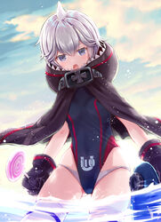  :o akasaka_asa animal_hood ass_visible_through_thighs azur_lane bikini bikini_bottom_only black_gloves black_one-piece_swimsuit blue_sky brown_cloak candy cloak cloud cloudy_sky covered_navel day duplicate female food gloves grey_eyes grey_hair highleg highleg_swimsuit highres holding holding_candy holding_food holding_lollipop hood hood_down hooded_cloak lollipop looking_at_viewer ocean oerba_yun_fang one-piece_swimsuit open_mouth outdoors partially_submerged pixel-perfect_duplicate shark_hood short_hair skindentation sky solo swimsuit swirl_lollipop thighhighs thighs u-110_(azur_lane) wading water white_bikini white_thighhighs 