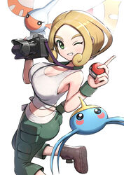  absurdres ass bare_arms bare_shoulders blonde_hair boots breasts bug camera capri_pants cargo_pants cleavage commentary_request crop_top dot_nose dutch_angle female from_side glint gonzarez green_eyes green_pants grin highres holding holding_camera holding_poke_ball index_finger_raised large_breasts looking_at_viewer looking_to_the_side masquerain midriff moth one_eye_closed pants parted_bangs poke_ball poke_ball_(basic) pokemon pokemon_(creature) pokemon_xy shirt short_hair silk sleeveless sleeveless_shirt smile standing standing_on_one_leg strap surskit tank_top thick_eyebrows viola_(pokemon) white_tank_top wristband 