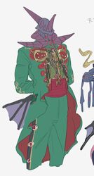  1boy arms_behind_back bad_id bad_twitter_id bbbb_fex cowboy_shot cropped_legs daiouika_deadman deadmen_(kamen_rider_revice) eldritch_abomination full_body giant_squid gifftex goat green_jacket green_pants hand_on_own_chest highres holding jacket jewelry kamen_rider kamen_rider_revice long_coat male_focus mexican_clothes monster monster_boy olteca_(kamen_rider_revice) pants paranegro red_eyes ring squid sword tentacle translation_request umbrella weapon white_background 