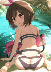  :o animal_ears ass barefoot bikini blush brown_eyes brown_hair bullpup butt_crack commentary_request ek_masato female from_behind gun highres llenn_(sao) looking_at_viewer looking_back outdoors p-chan_(p90) p90 palm_tree photoshop_(medium) pink_weapon rabbit_ears short_hair sitting soles solo sparkle submachine_gun swimsuit sword_art_online sword_art_online_alternative:_gun_gale_online tree wariza water weapon 