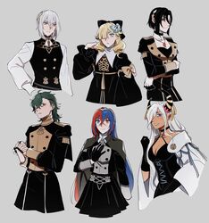  alear_(female)_(fire_emblem) alear_(fire_emblem) alternate_costume asymmetrical_horns bare_shoulders blonde_hair blue_eyes blue_hair braid breasts byleth_(female)_(fire_emblem) byleth_(female)_(fire_emblem)_(cosplay) byleth_(fire_emblem) cape cleavage closed_mouth cosplay crossed_bangs crown_braid dark-skinned_female dark_skin dorothea_arnault dorothea_arnault_(cosplay) dragon_girl epaulettes felix_hugo_fraldarius felix_hugo_fraldarius_(cosplay) fire_emblem fire_emblem:_three_houses fire_emblem_engage flayn_(fire_emblem) flayn_(fire_emblem)_(cosplay) garreg_mach_monastery_uniform gloves gregory_(fire_emblem) hair_ornament hair_over_one_eye heterochromia highres horns long_hair long_sleeves looking_at_viewer madeline_(fire_emblem) manuela_casagranda mature_female medium_breasts multicolored_hair multiple_girls nel_(fire_emblem) open_mouth oratoza pointy_ears purple_eyes rafal_(fire_emblem) red_eyes red_hair short_hair simple_background smile split-color_hair tassel tassel_hair_ornament tiara two-tone_hair uneven_horns uniform upper_body very_long_hair white_hair zelestia_(fire_emblem) 